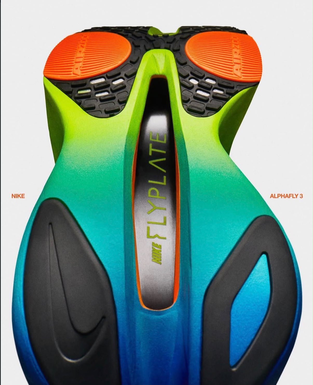 Nike Alphafly 3 · Flyplate creative: An outsole view gives Nike’s Flyplate and the shoe’s bright geo