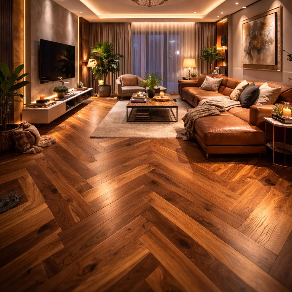 A cozy and stylish living room with warm lighting, wooden floor, brown leather sectional sofa, small