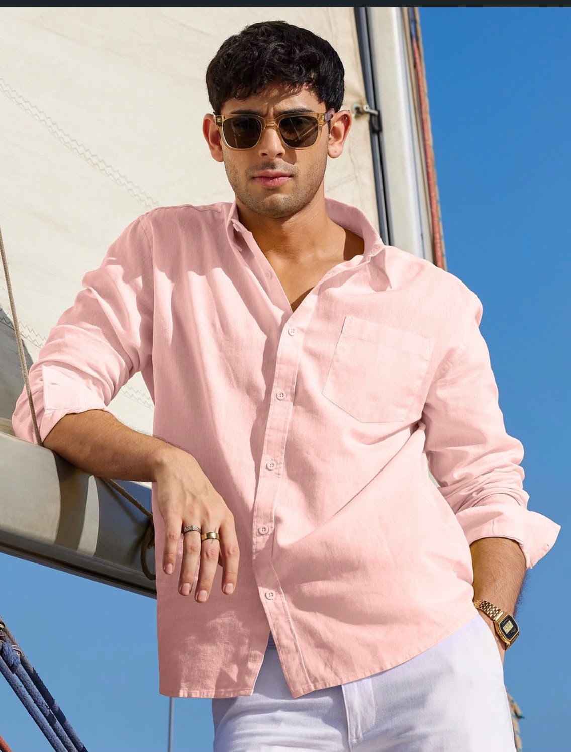 Souled Store supplied creative: Soft pink against blue sky gives the shirt a warm, easy summer mood.