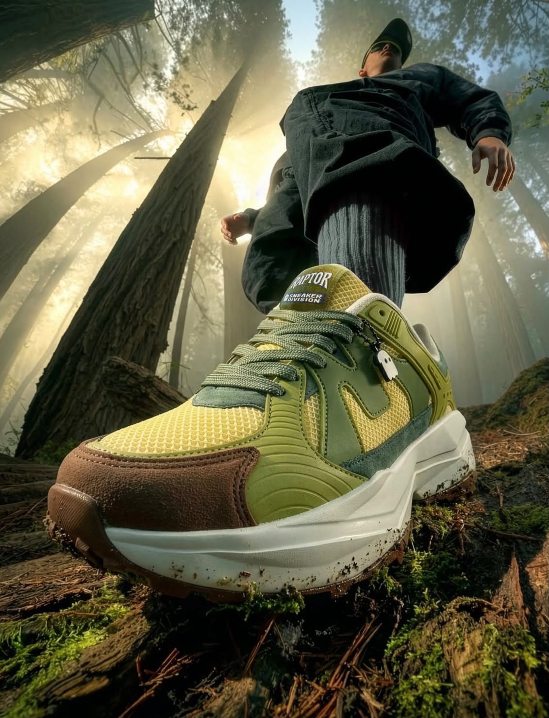 Souled Store supplied creative: A low angle puts the sneaker in the foreground of a forest walk.